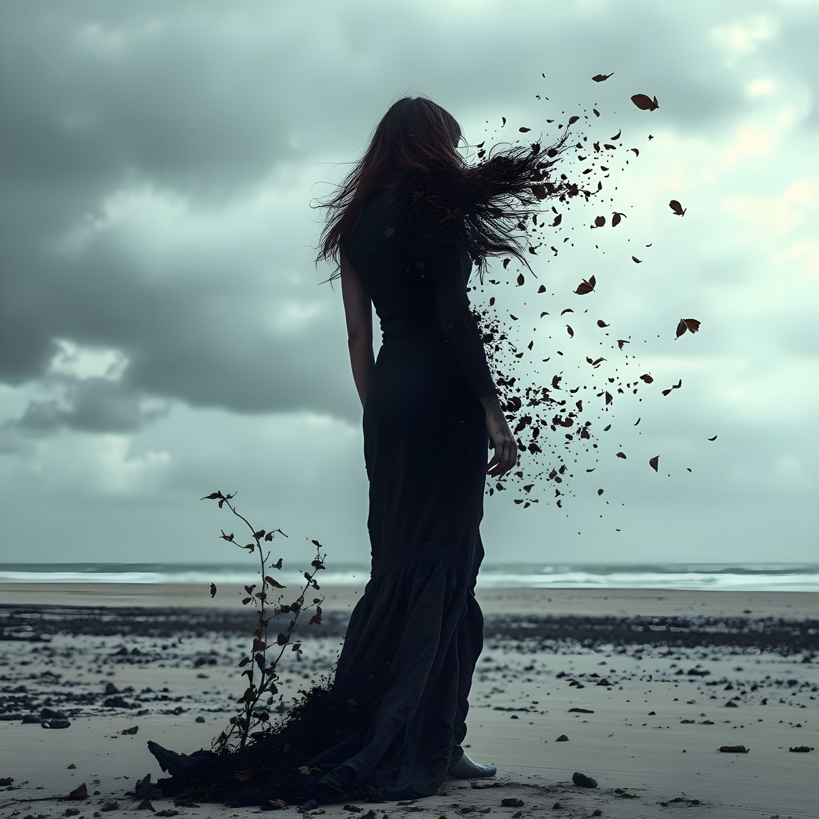Dark Fantasy Woman on Beach in Surreal Decay