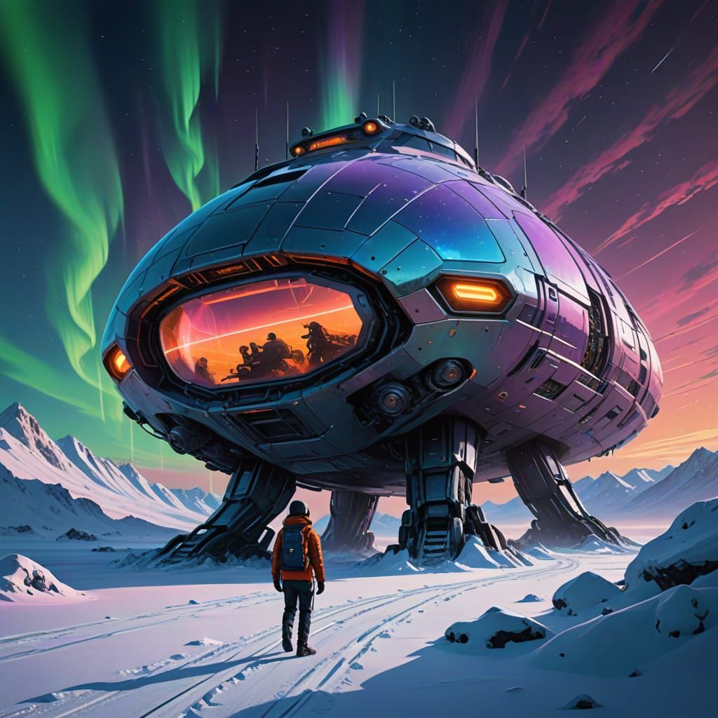 Humans Approach a Futuristic Alien Space Ship in a Snowy, Po...