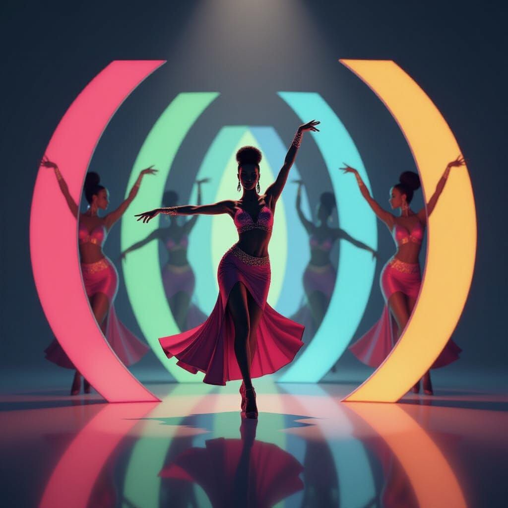 Dancing Figure in Mirrored Silhouettes, Futuristic Art Style