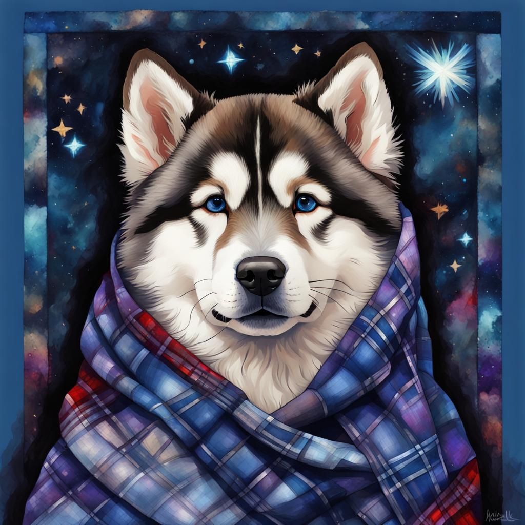 super cute Alaskan Malamute Puppy dressed wearing red and purple plaid scarf, dark starry night, gorgeous detailed blue ...