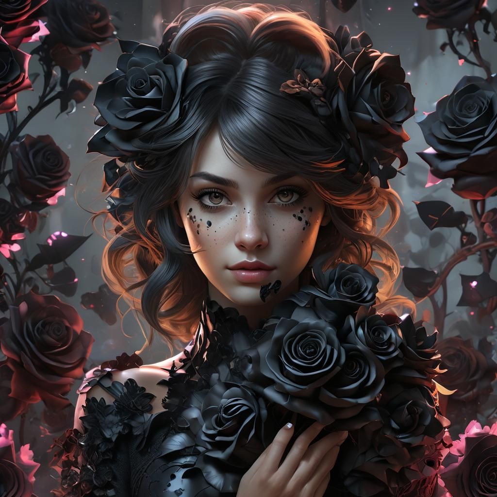 Dark Fantasy Portrait with Intricately Detailed Black Roses...