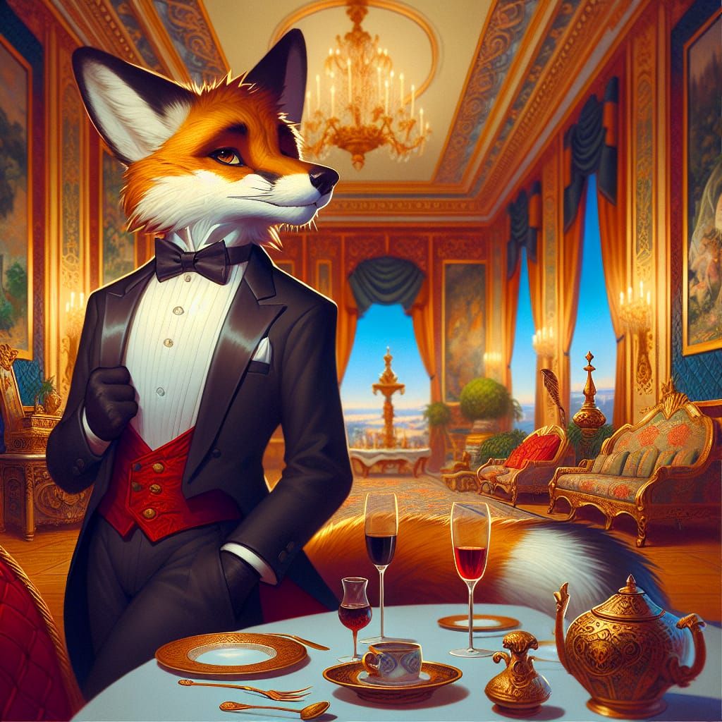 Anthropomorphic Fox in Tuxedo at Opulent Dinner Party