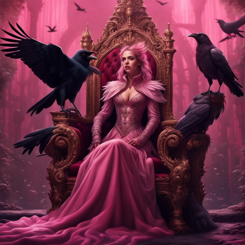Pink Woman on Throne with Crow: Fantasy Art