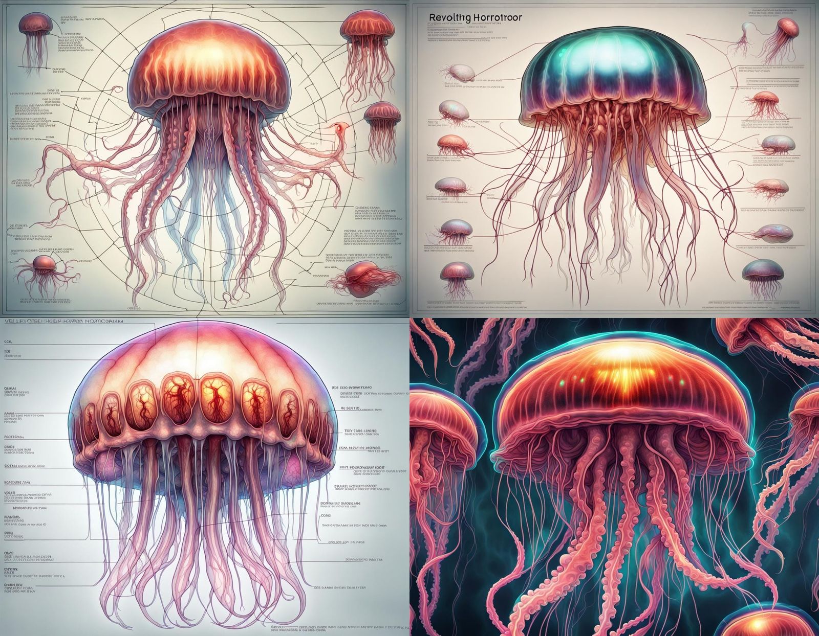 Horror Jellyfish Holographic Diagram in 8k HD