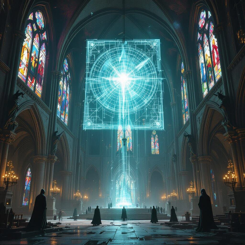Gothic Cathedral Villain Command Center with Holographic Map