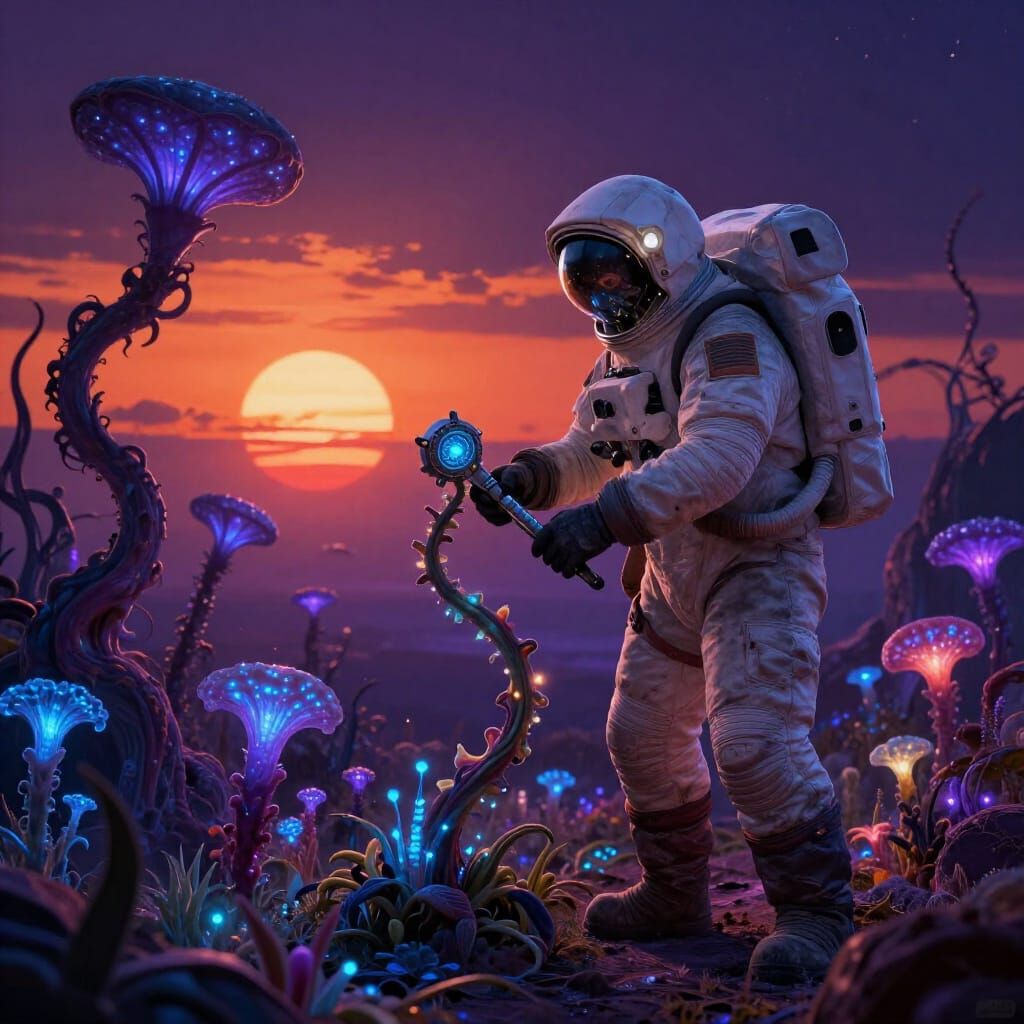 Astronaut Tends Alien Garden Under Binary Sunset