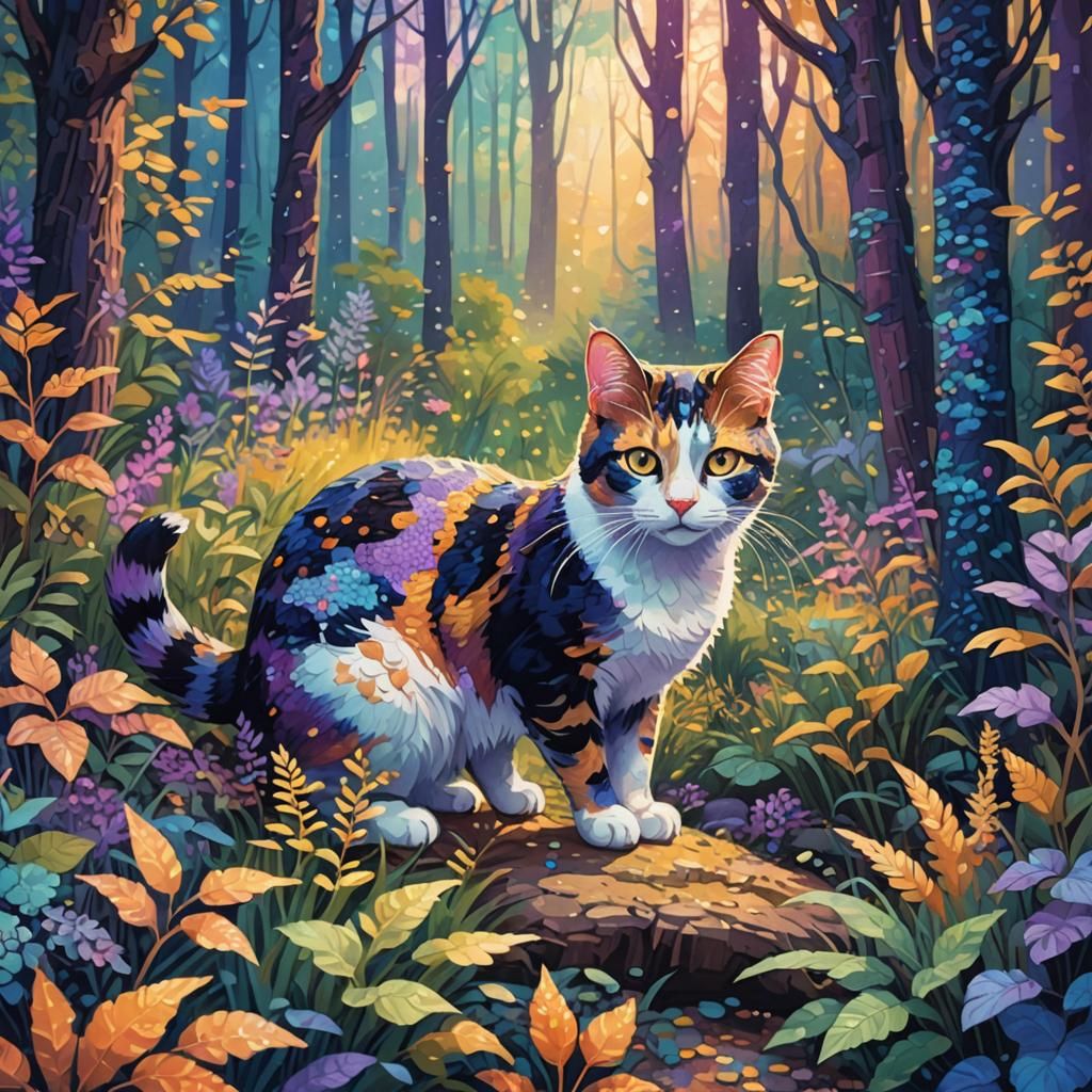Calico Cat Prowls Whimsical Forest as Pointillism Art