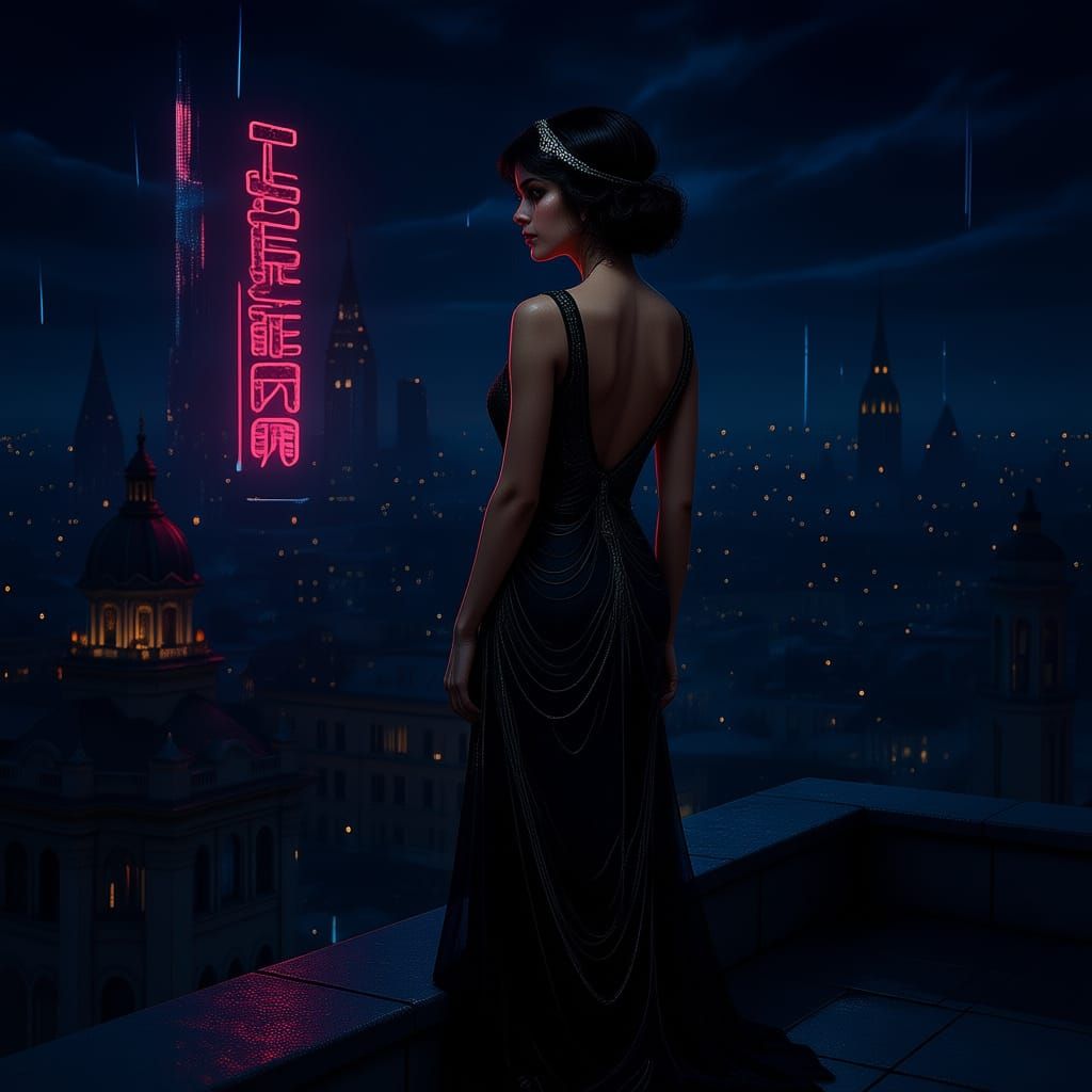 1920s Rooftop View of Art Nouveau City at Dusk