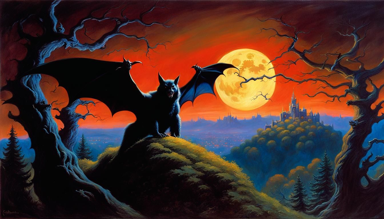 Epic Bat Over Gothic Castle Painting