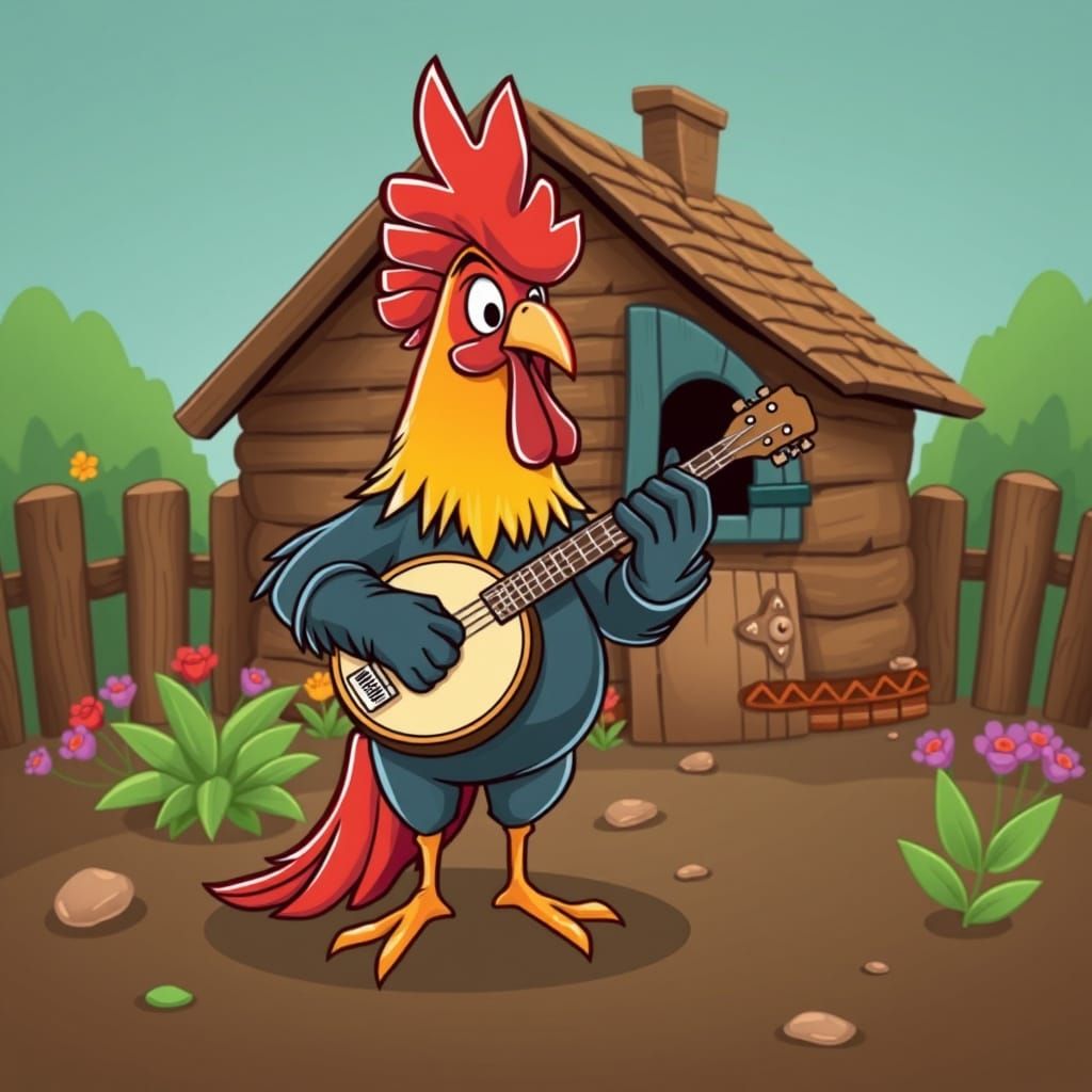 Vibrant Cartoon Rooster Shredding Banjo Outside Whimsical He...
