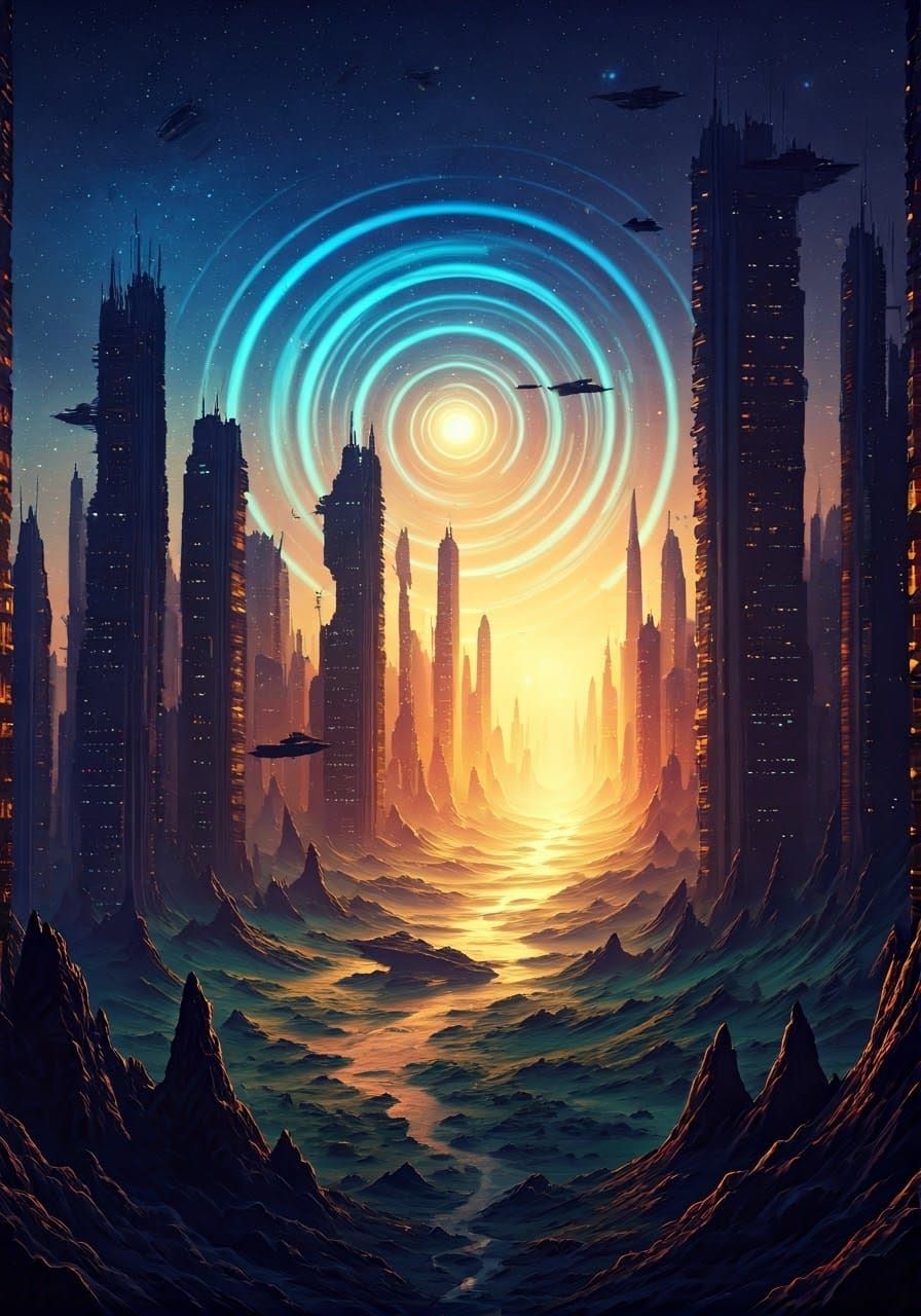 Psychedelic Alien Metropolis with Spaceships and Portals