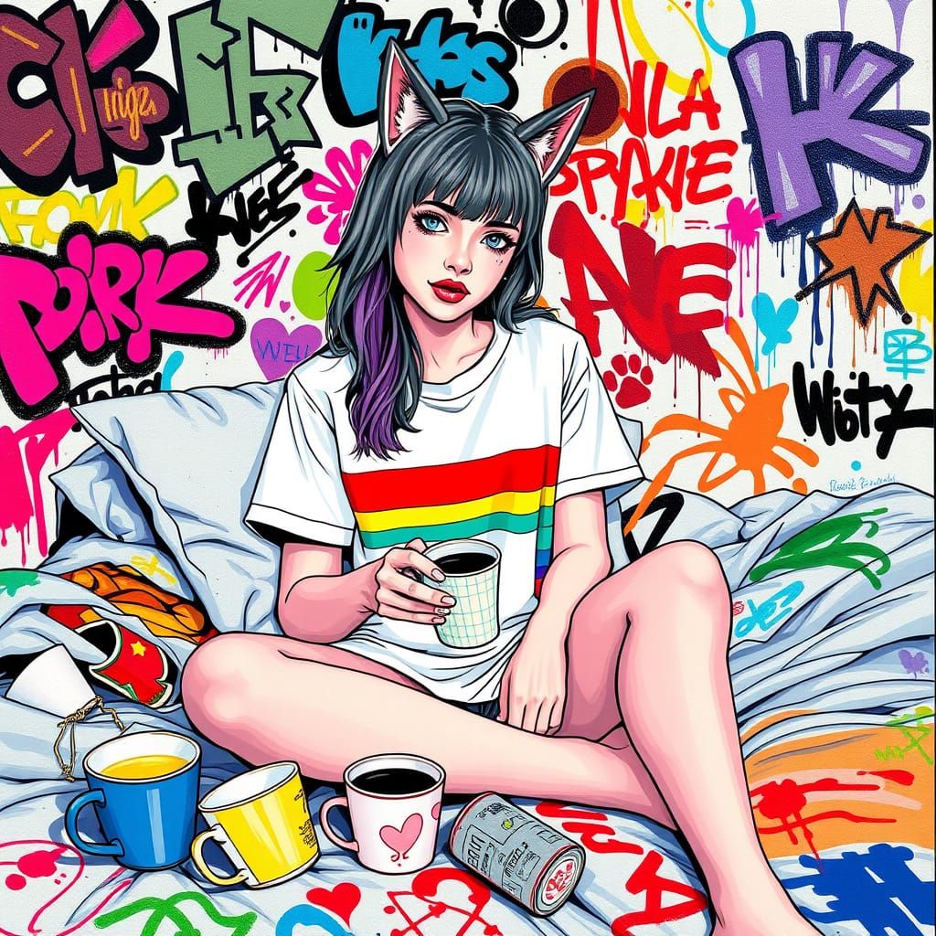 Vibrant Pop Art Scene with Cat Ears Girl and Coffee Pet