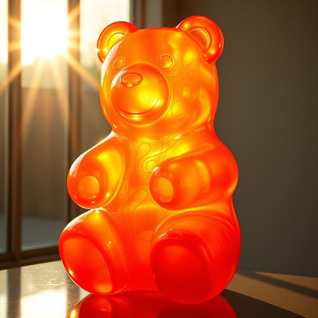 Vibrant Glass Gummy Bear Sculpture in Warm Golden Light