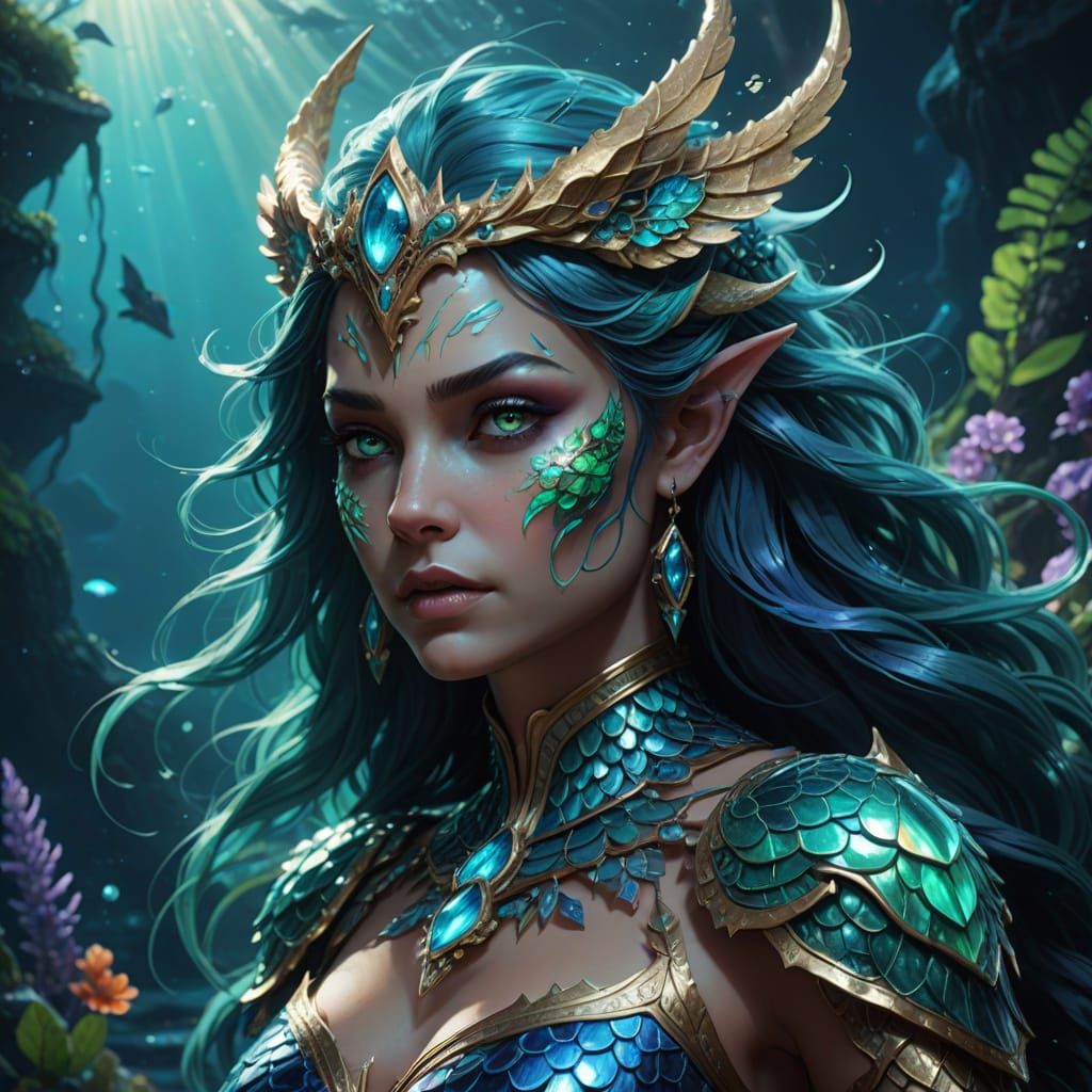 Siren in Iridescent Colors, Mythical Creature Portrait