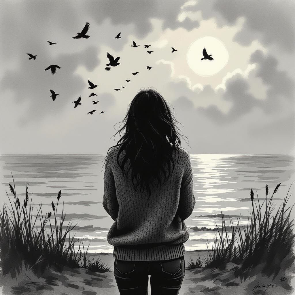 Woman Watching Birds: Charcoal Drawing in Dark Realism