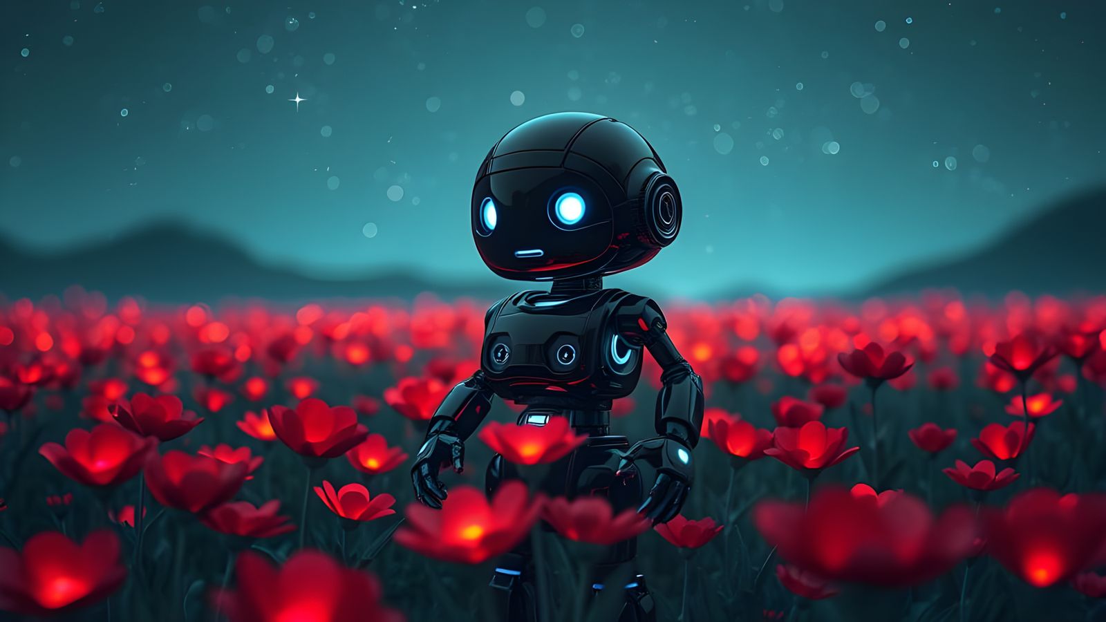 Small Black Robot Among Glowing Red Flowers