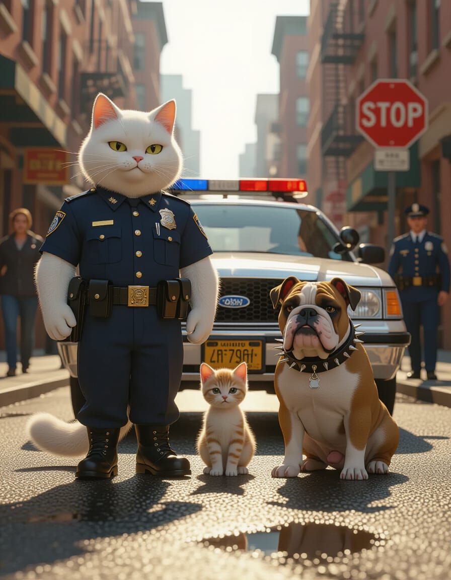 Anthropomorphic Police: Cat, Bulldog, and Kitten in Cityscap...