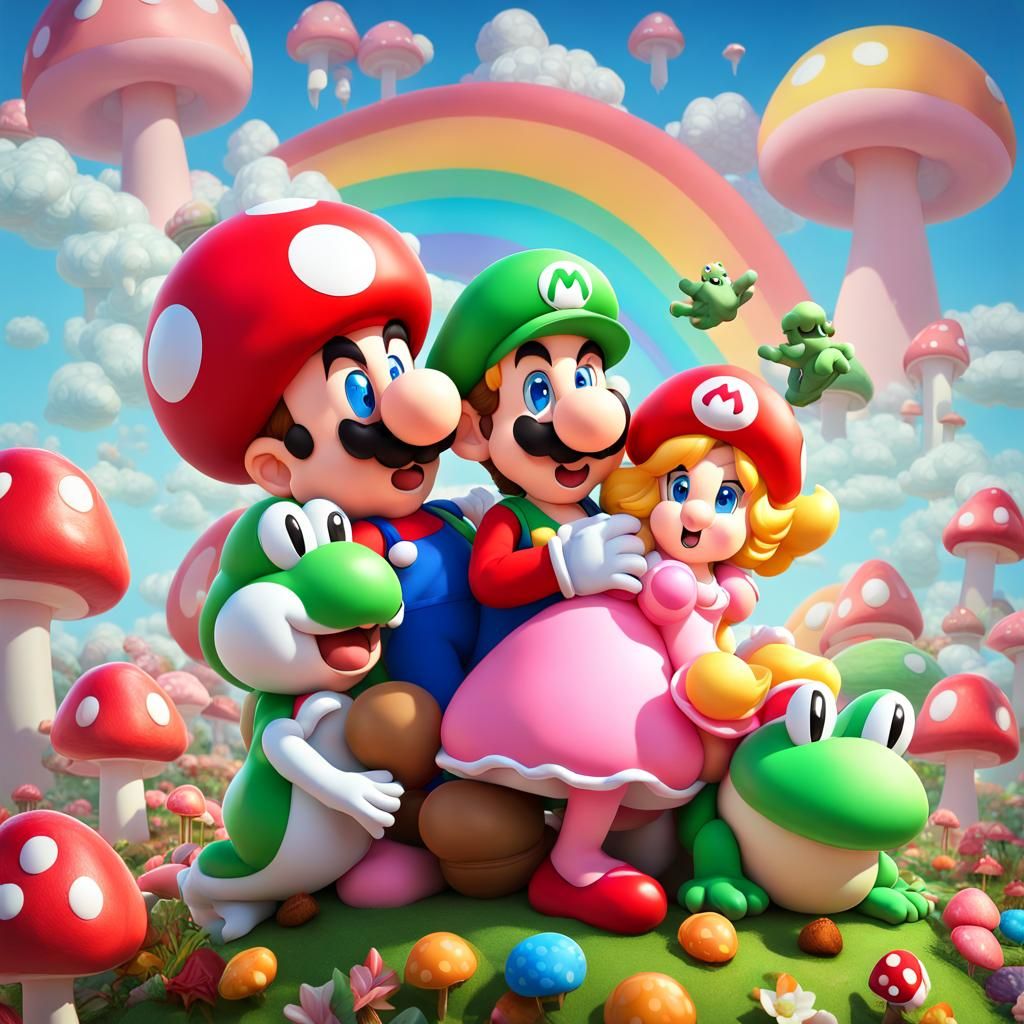 Mario, Luigi, and Peach in Whimsical Candyland Art