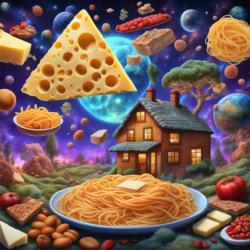 Food World: Holographic Astral Illustration in Mixed Media