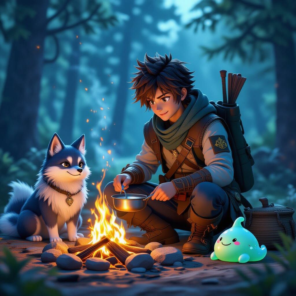 Mystical Realm: Adventurer's Campfire in Anime Style