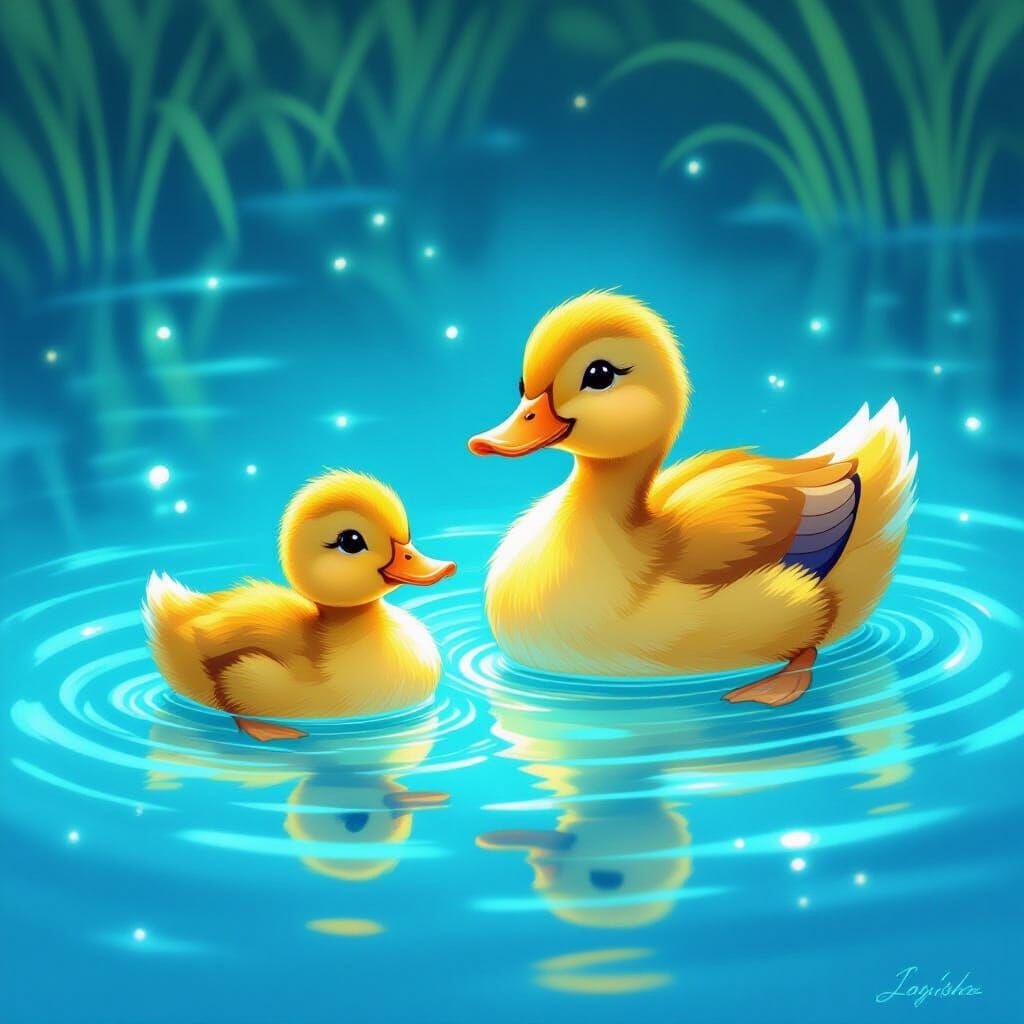 Ducklings in Glowing Water, Whimsical Art Style