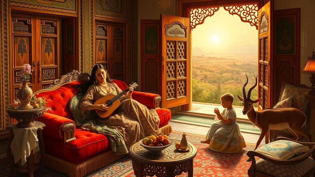 Orientalist Masterpiece: Serene Harem Scene with Elegant Wom...