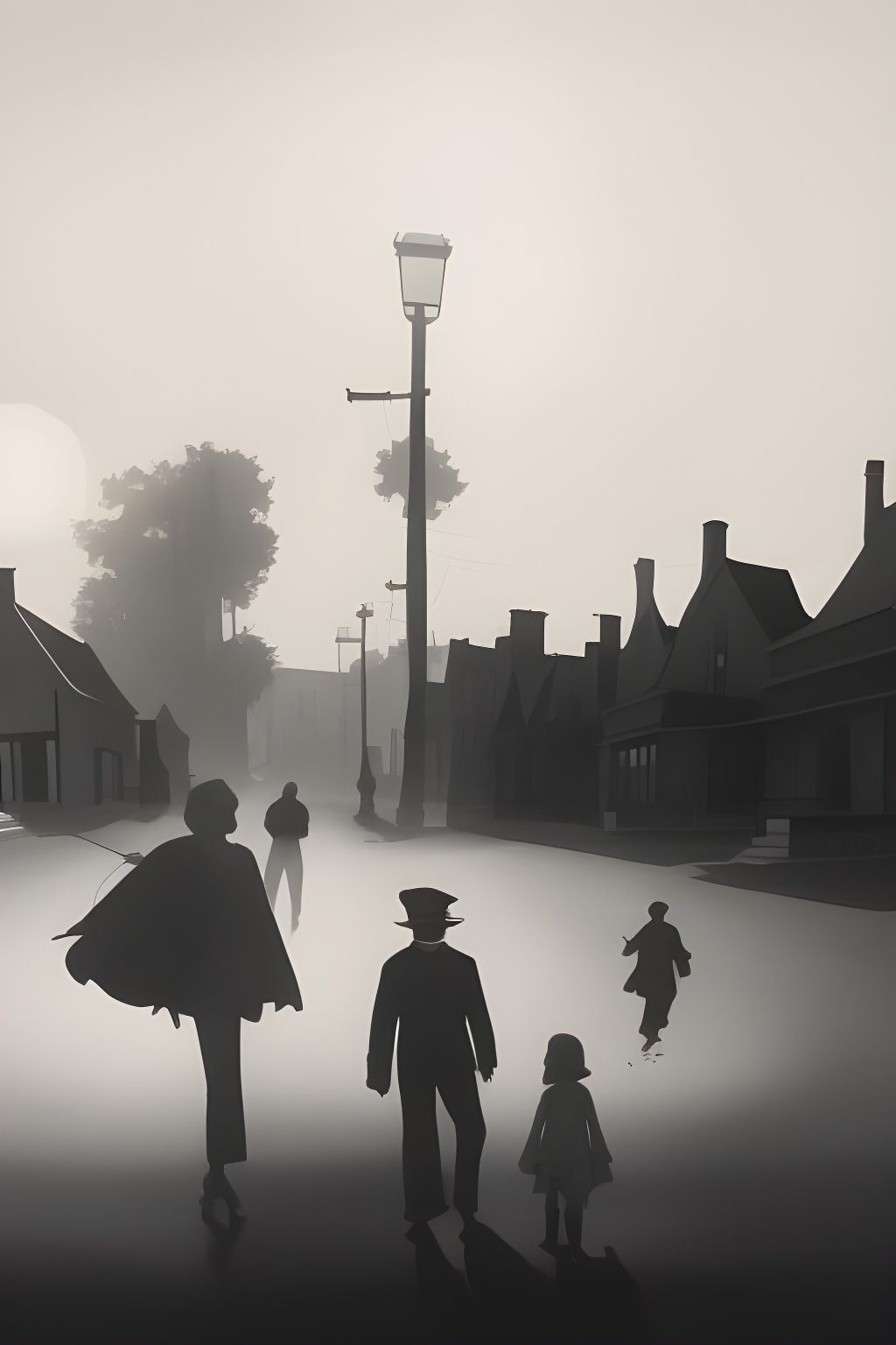 Walking down a city residential street sidewalk.  1920s houses.   The sun is very low in the sky, and the man and girl c...