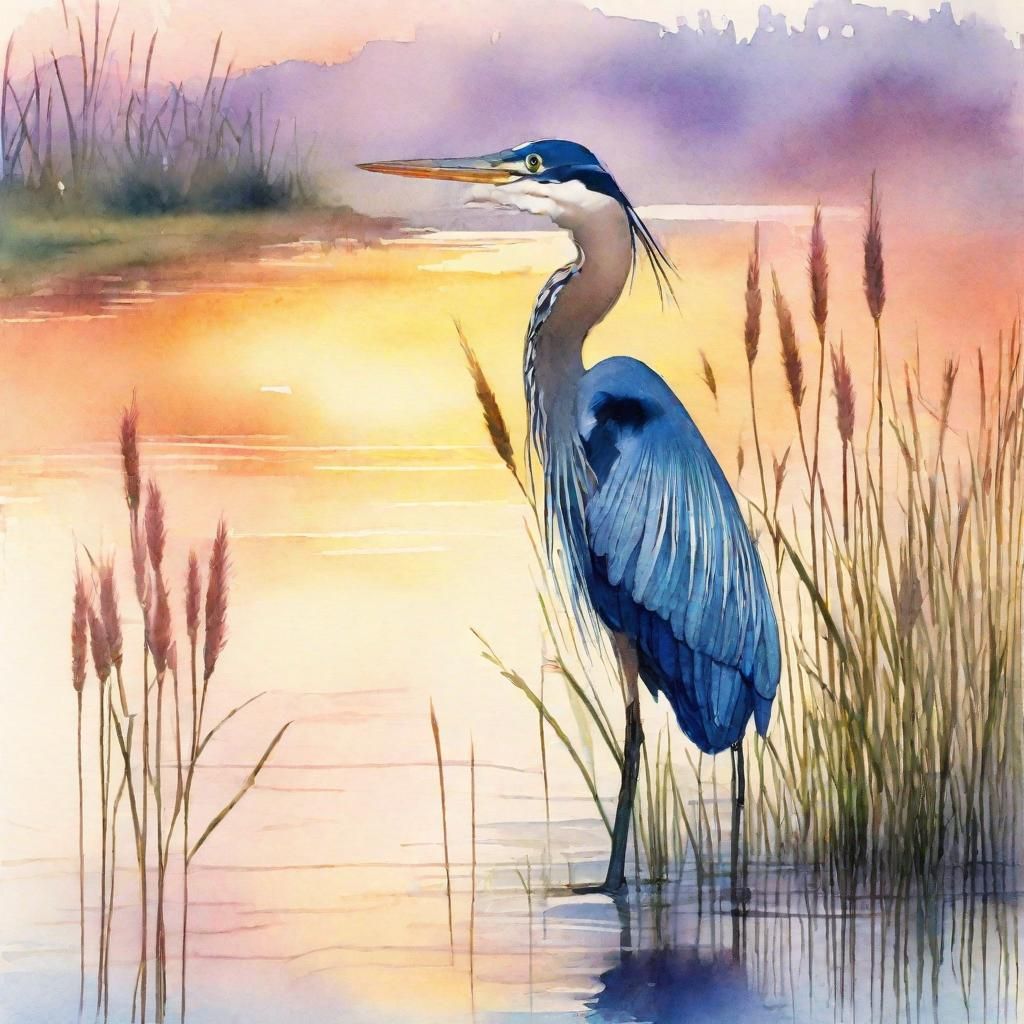 Blue Heron at Sunset: Watercolor Cartoon Illustration