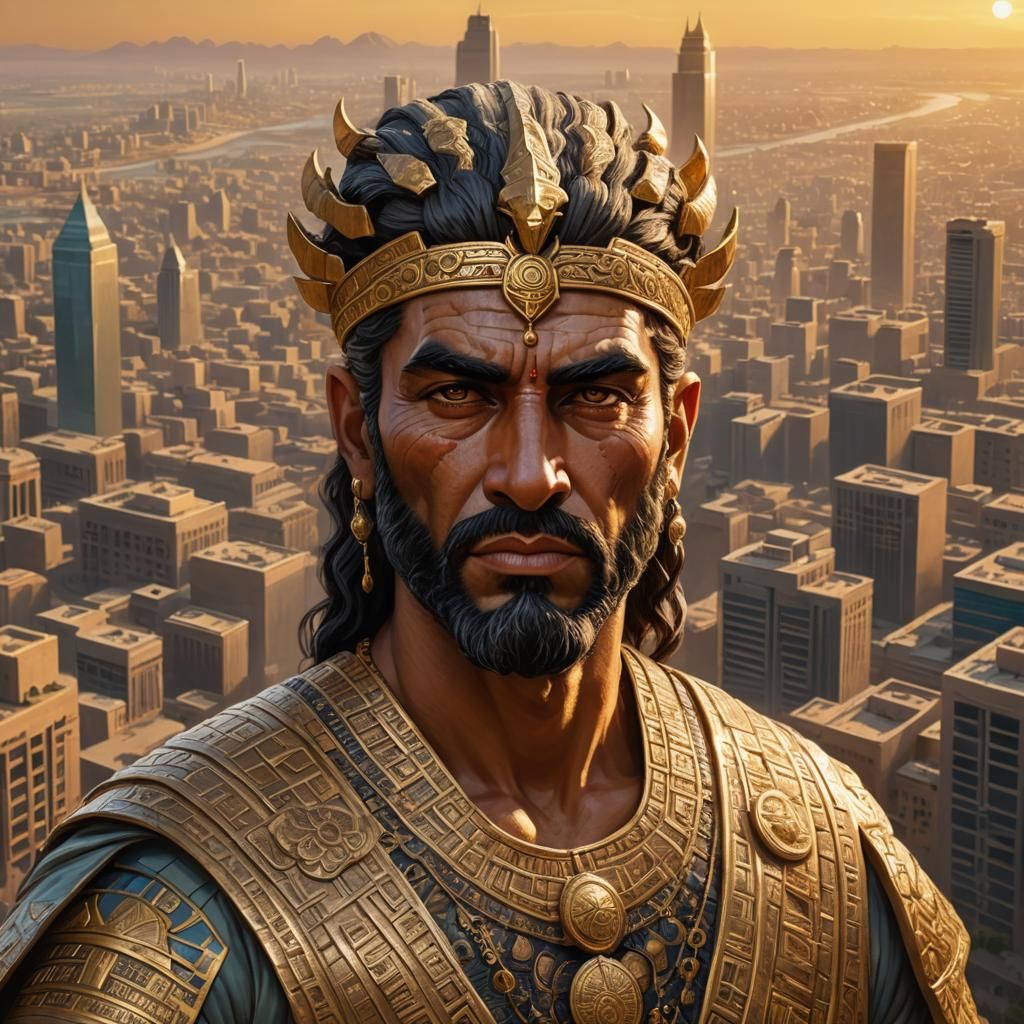 Ancient Mesopotamian God in Modern Cityscape