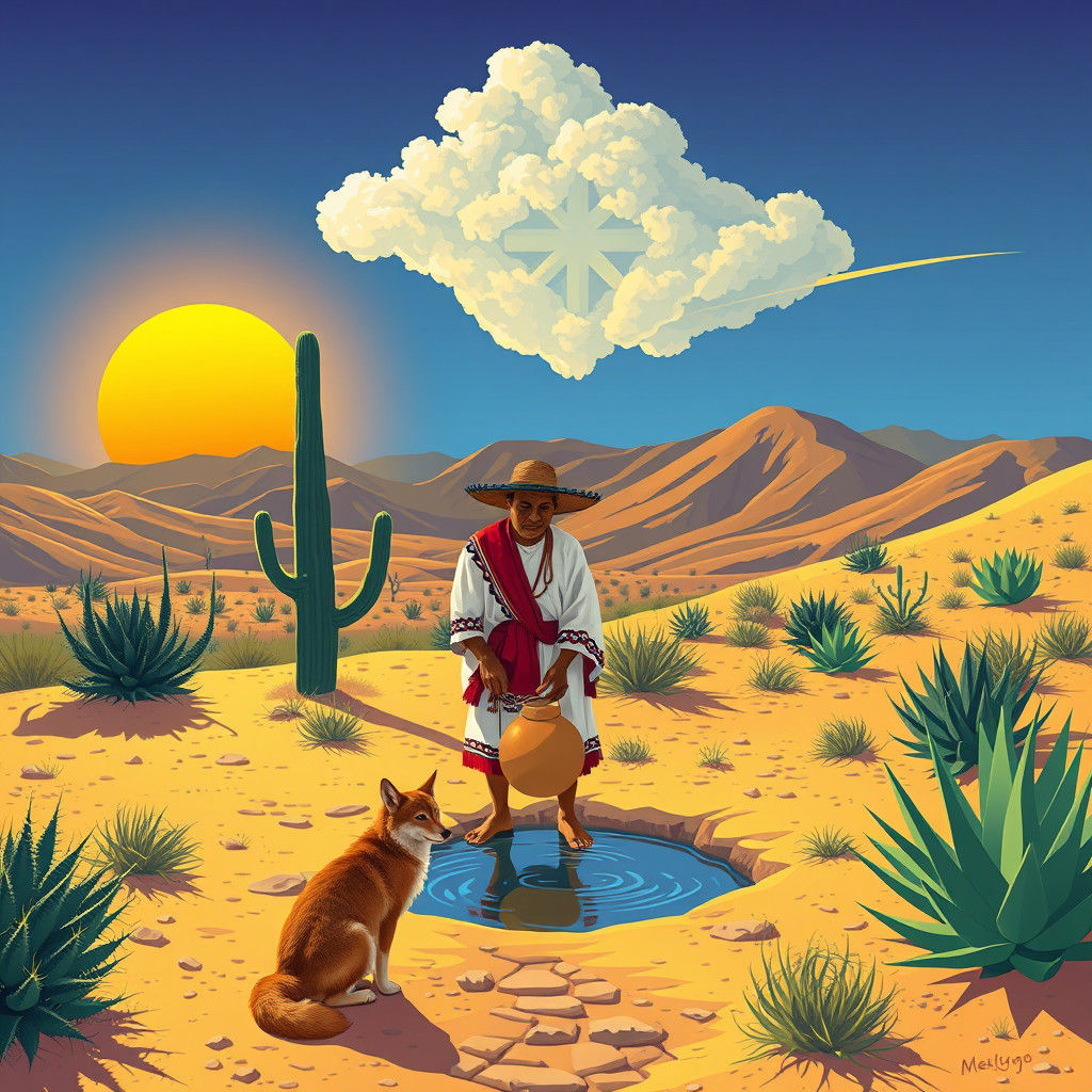Mexican Desert Scene with Indigenous Figure in Pop Art Style