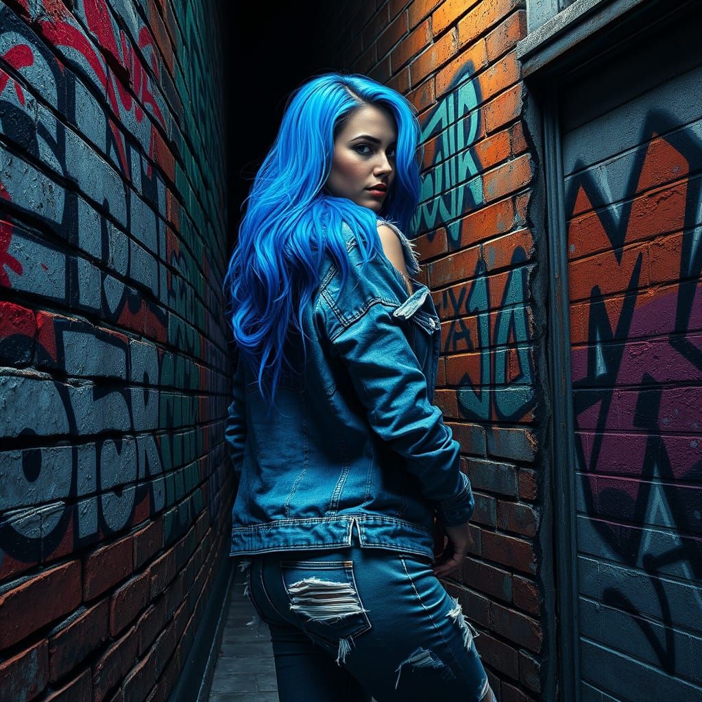 Cyberpunk Woman Against Graffiti Wall in Deep, Rich Colors