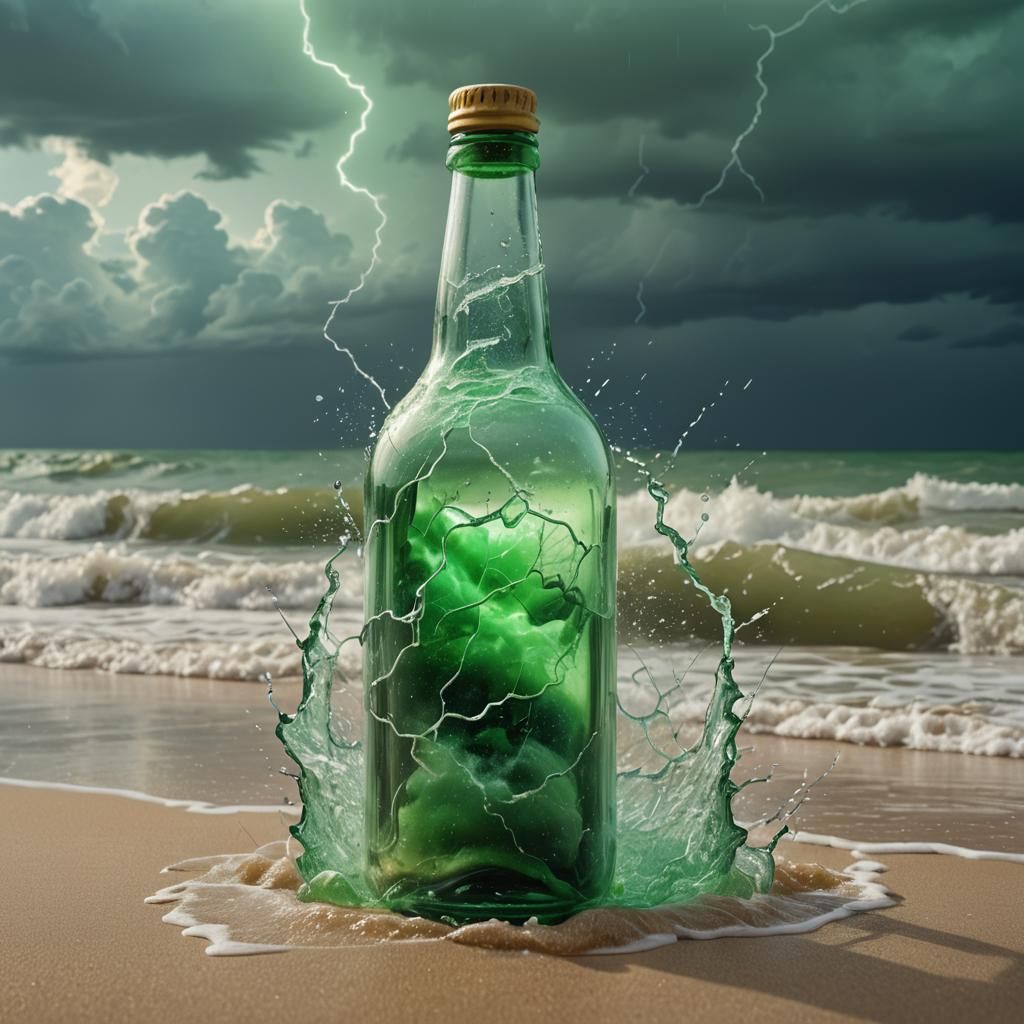 Storm in a Bottle: Hyperrealistic Splash Art on Beach