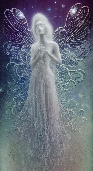 Angelic Apparition Watching Stars in Magic Realism Style