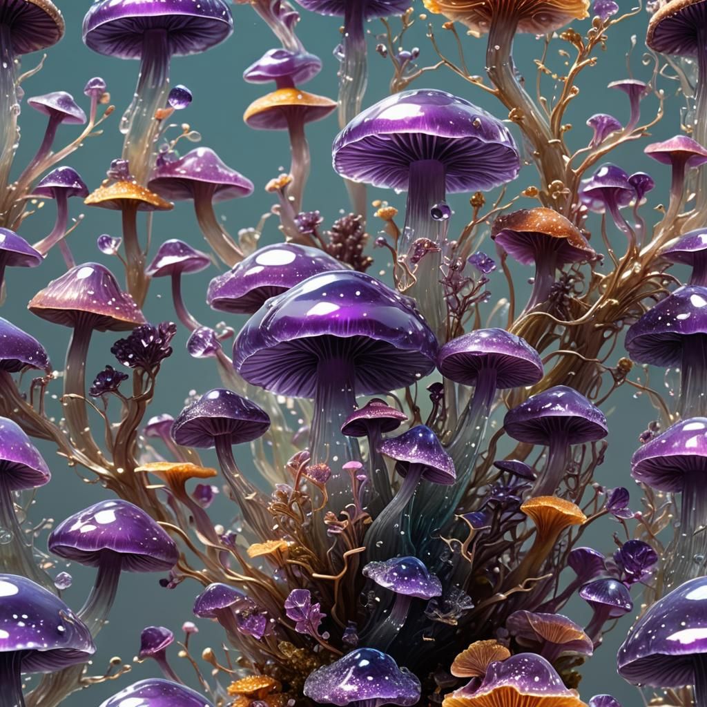Bioluminescent Amethyst Mushroom Crystal Sculpture in Digita...
