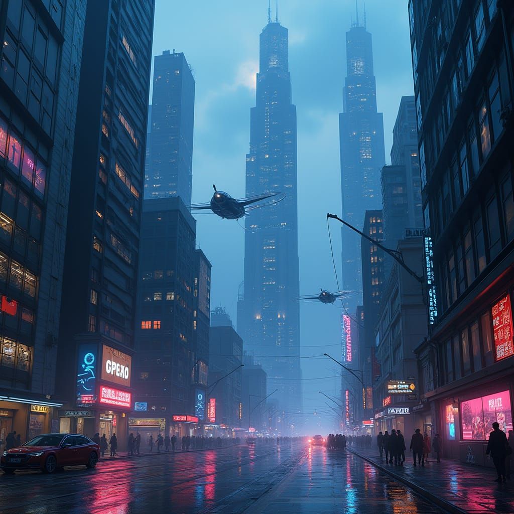 Futuristic Cityscape at Dusk in Cyberpunk Style