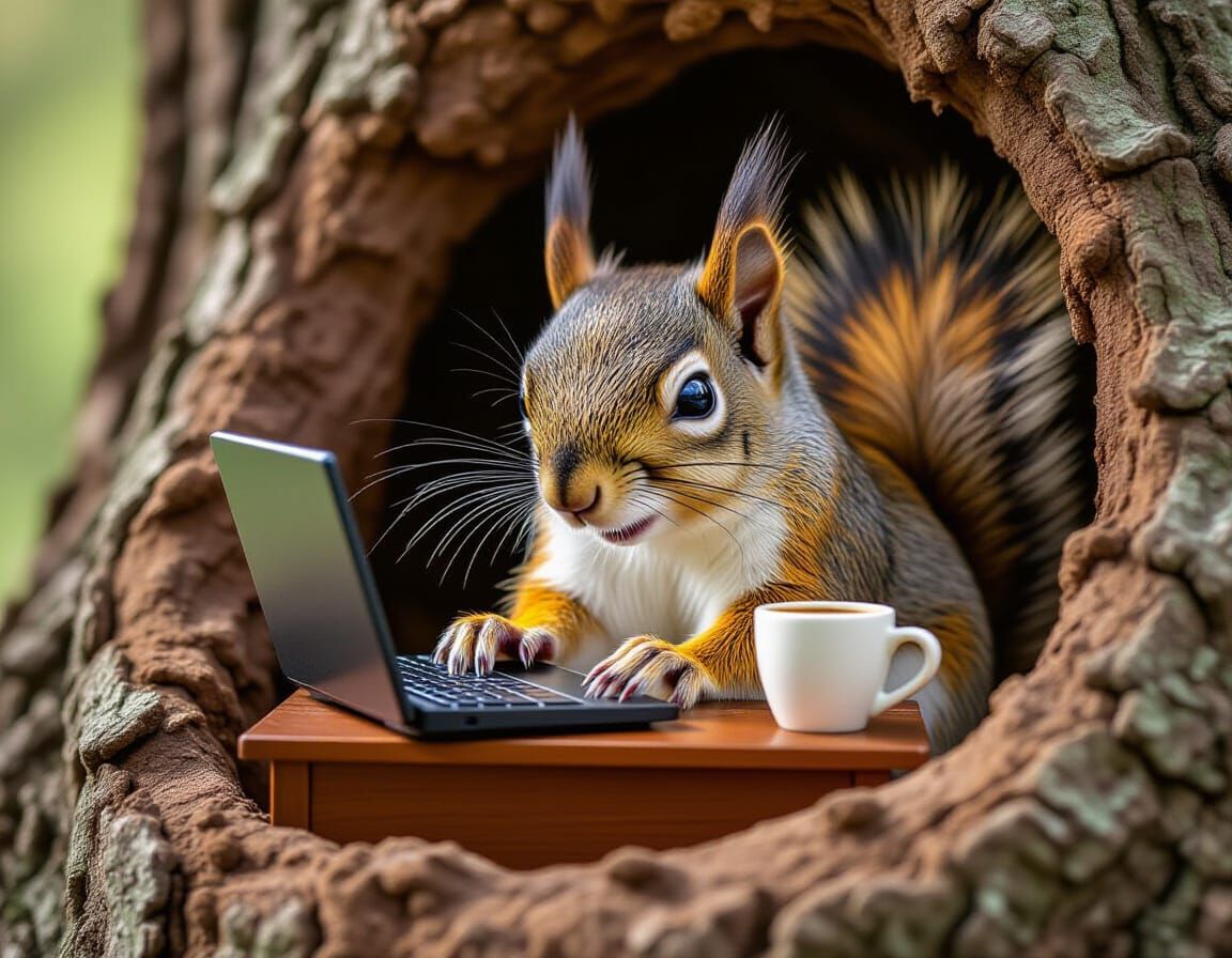 Tired Squirrel Working at Tiny Desk in Forest