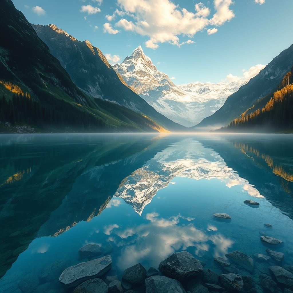 Majestic Mountain Range Reflects in Serene Lake