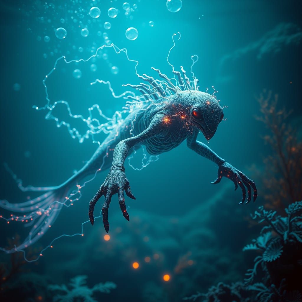 Humanoid Aquatic Creature Emitting Bioelectric Sparks