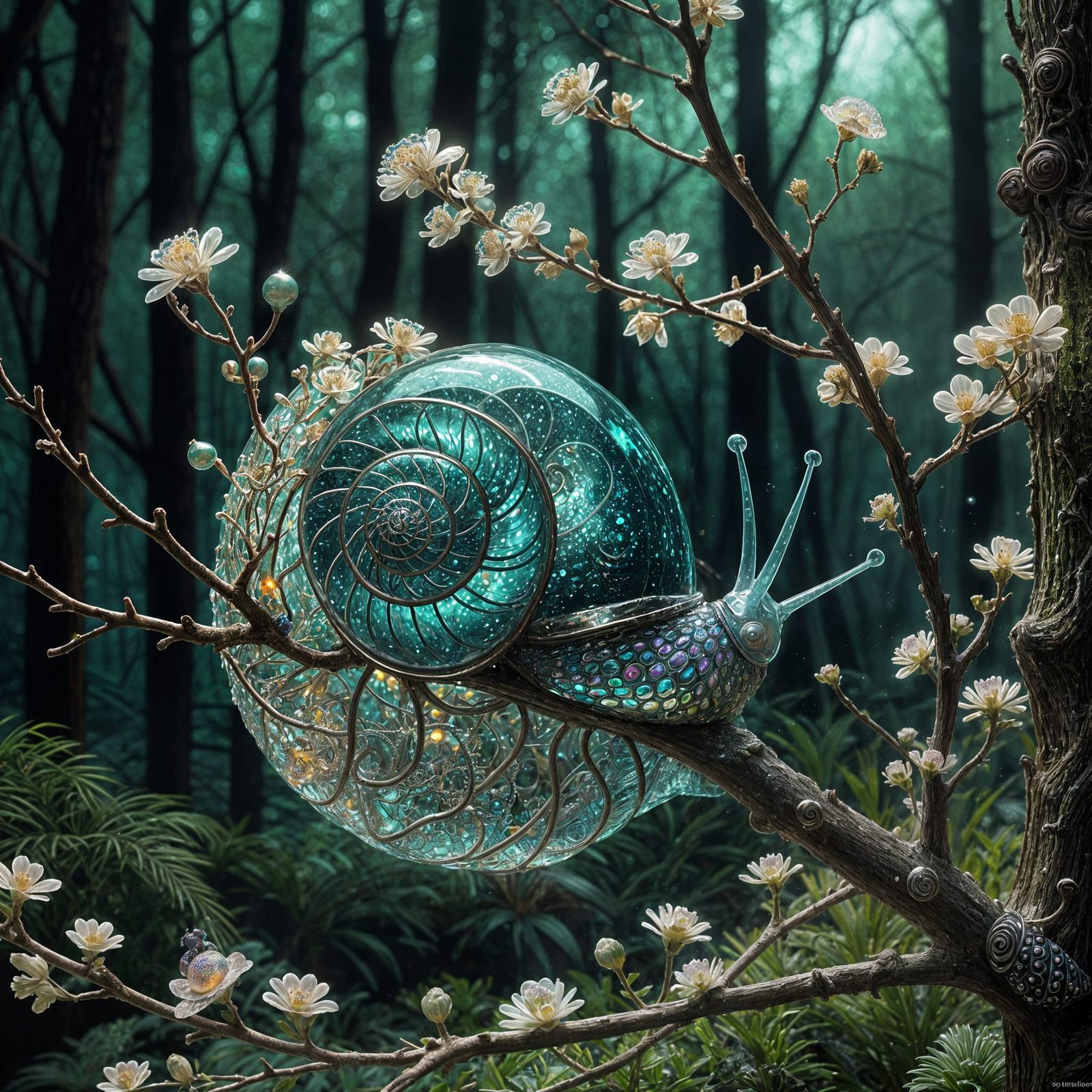 Crystal Snail with Bioluminescent Flowers: Digital Art