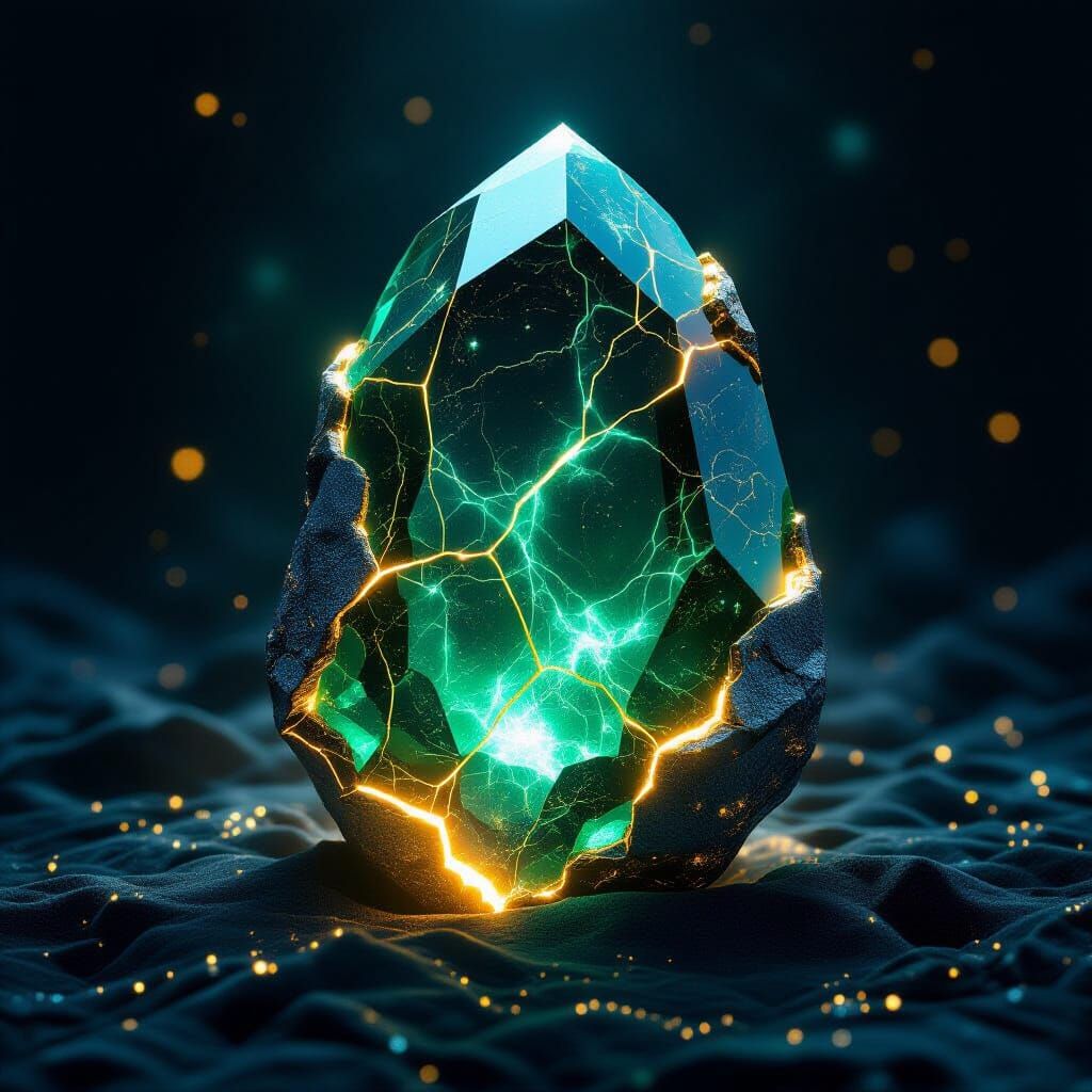 Glowing Emerald Gemstone with Golden Veins