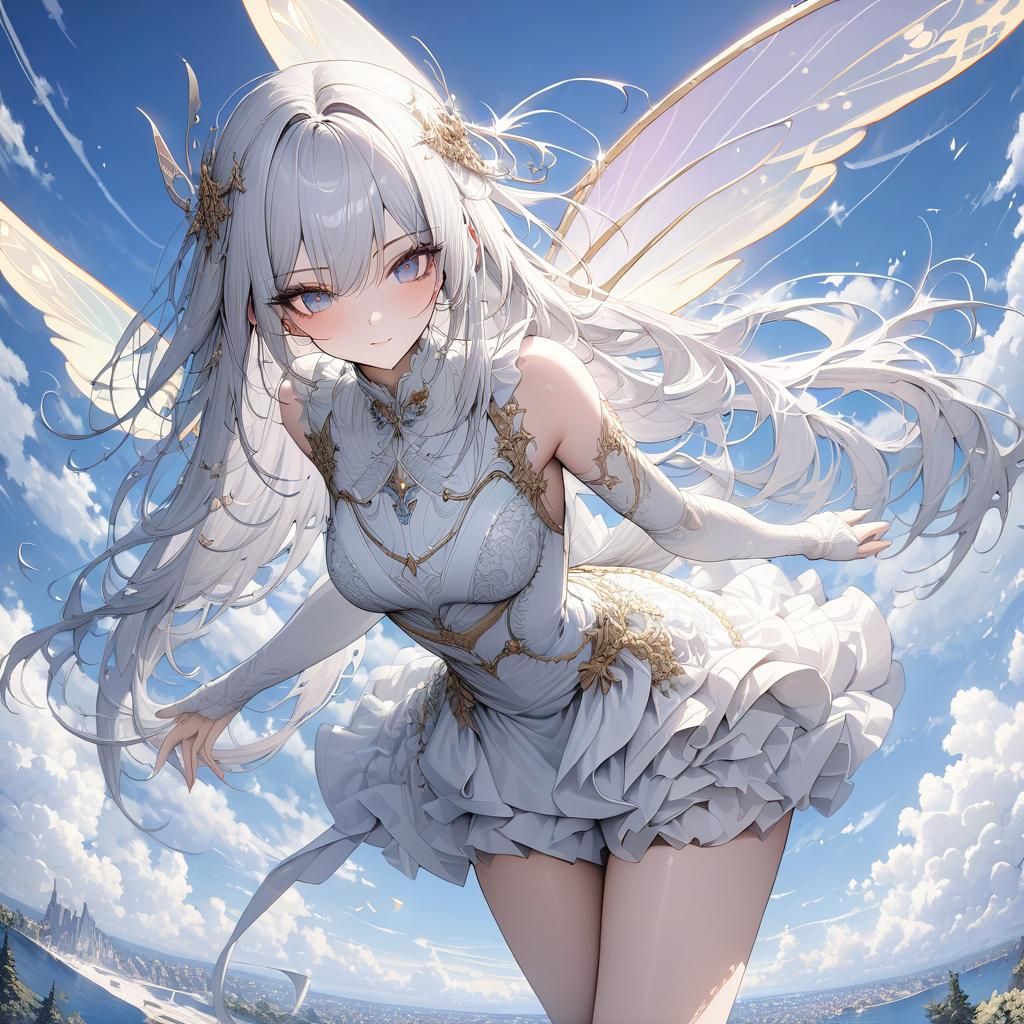 Gorgeous Fairy with White Hair in the Clouds