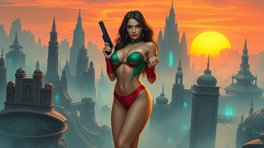 Emerald Temptress in Mirrored Sci-Fi Landscape