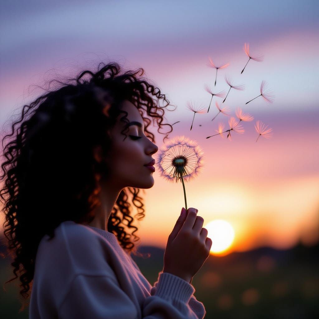 Silhouette of Person with Dandelion in Sunset