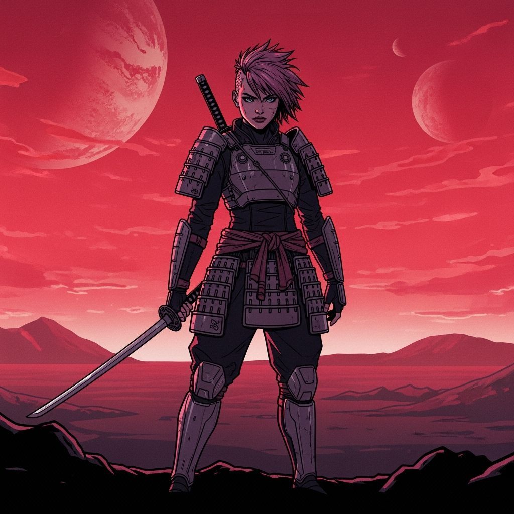 Cyberpunk Samurai Woman on Alien Planet