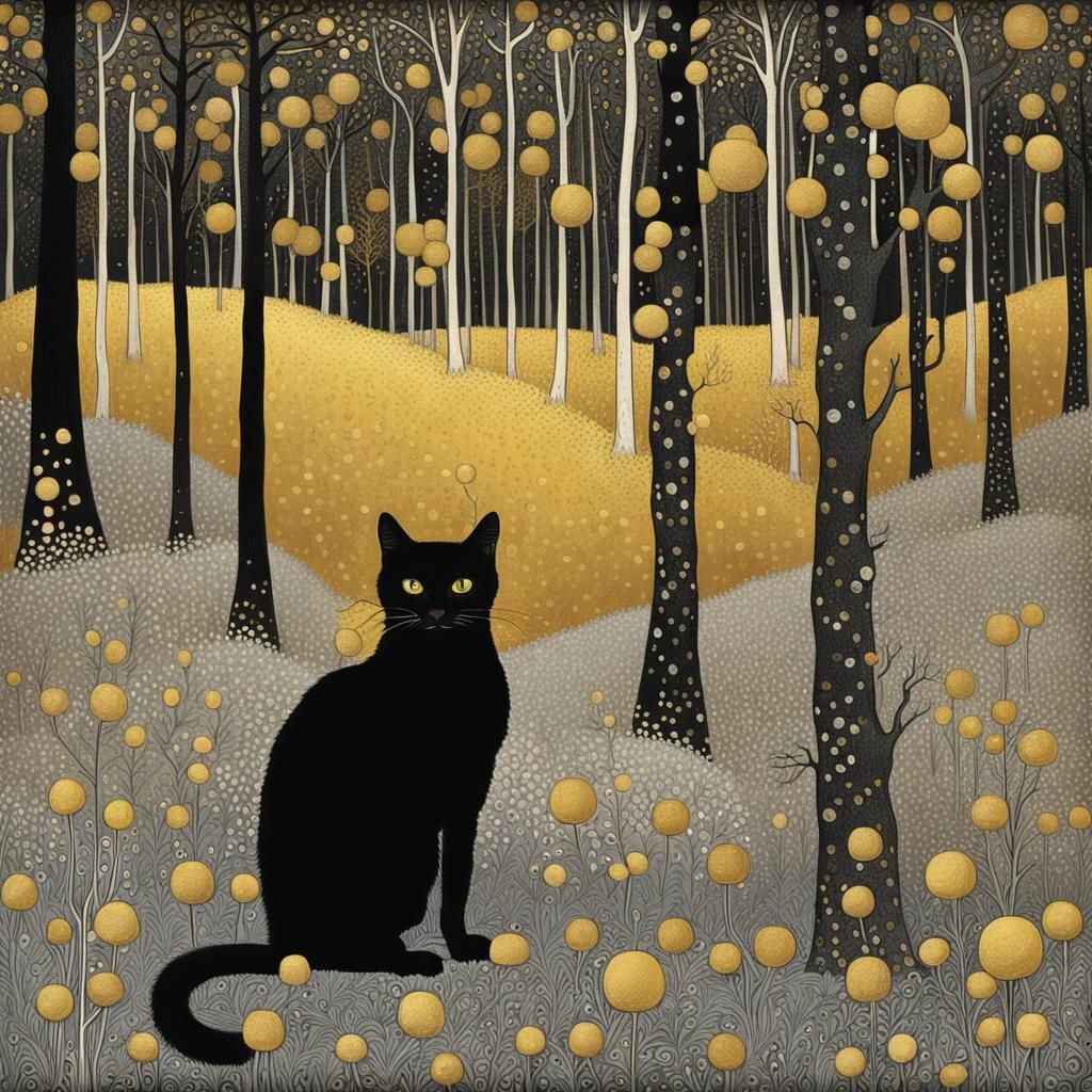 Golden Cat in Forest, Klimt and Doré Style