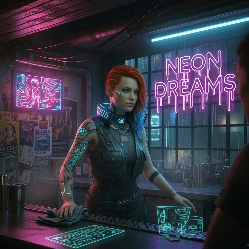Cyberpunk Bartender in Neon Dive Bar