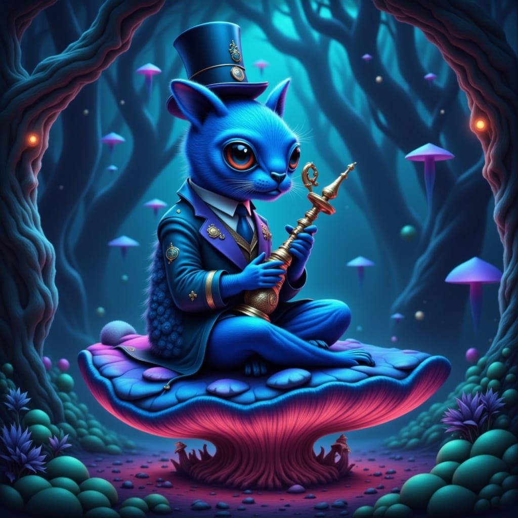 Blue Caterpillar on Mushroom in Neon Noir Style