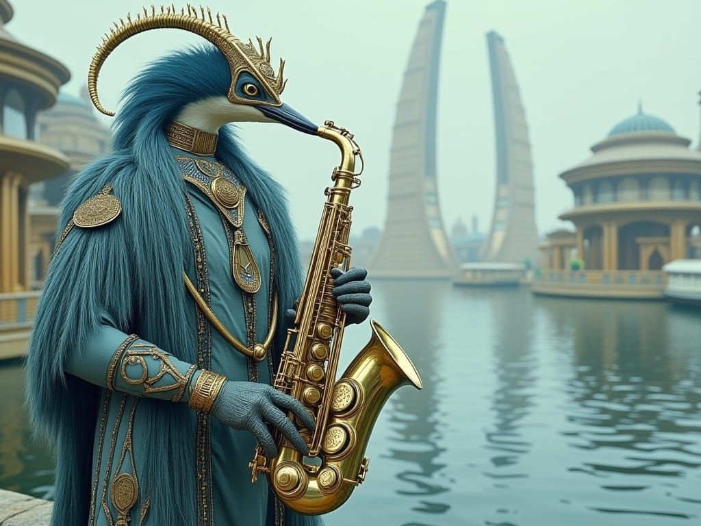 Saxophone-Wielding Jazz Heron on a Futuristic Alien Planet