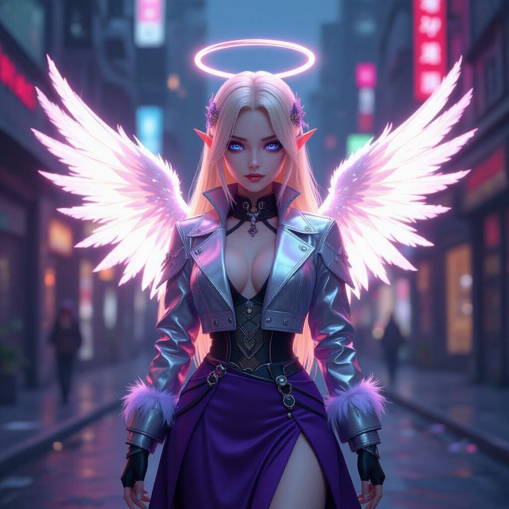 Futuristic Vampire with Halo and Wings in Cyberpunk City