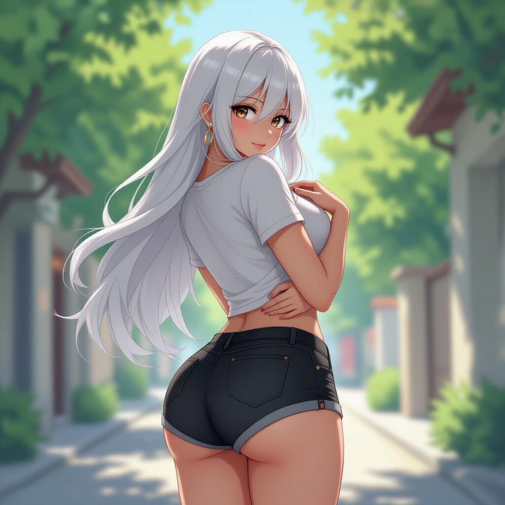 Anime Woman Embracing Curves in Vibrant Digital Painting